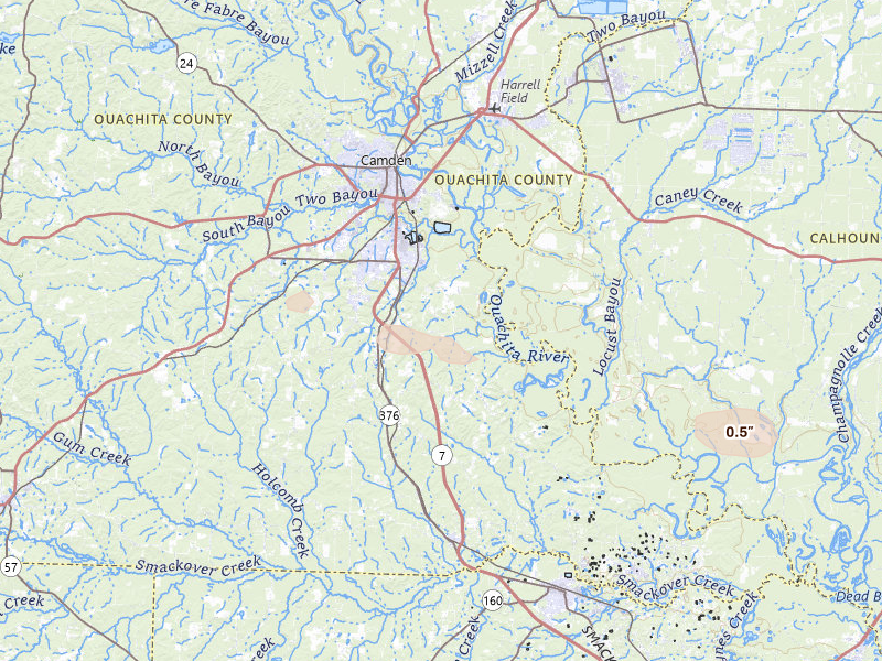 Radar-estimated hail-size map of the storm over Camden, AR on May 8, 2026