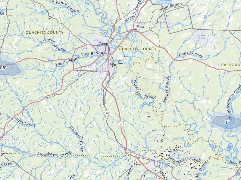 NEXRAD radar-signature map of the hail storm over Camden, AR on May 8, 2026