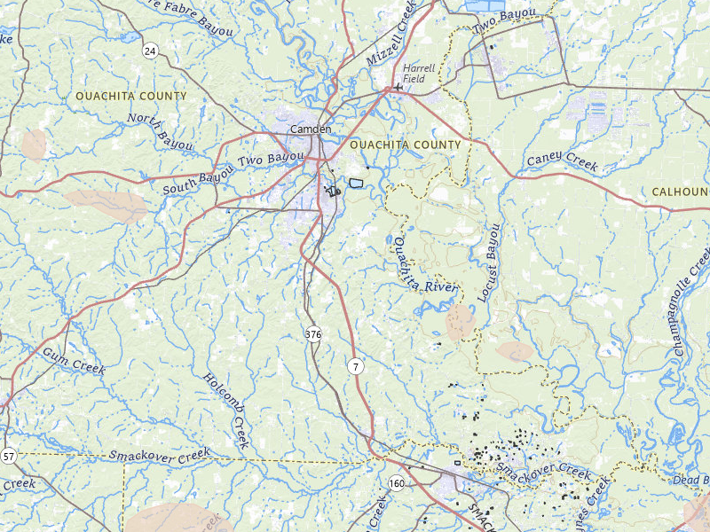 Radar-estimated hail-size map of the storm over Camden, AR on Jul 4, 2026