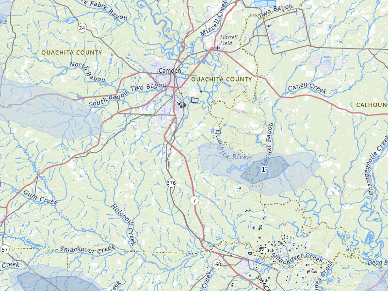 NEXRAD radar-signature map of the hail over Camden, AR