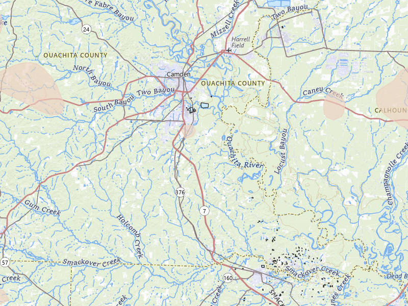 Radar-estimated hail-size map of the storm over Camden, AR on Jul 12, 2026