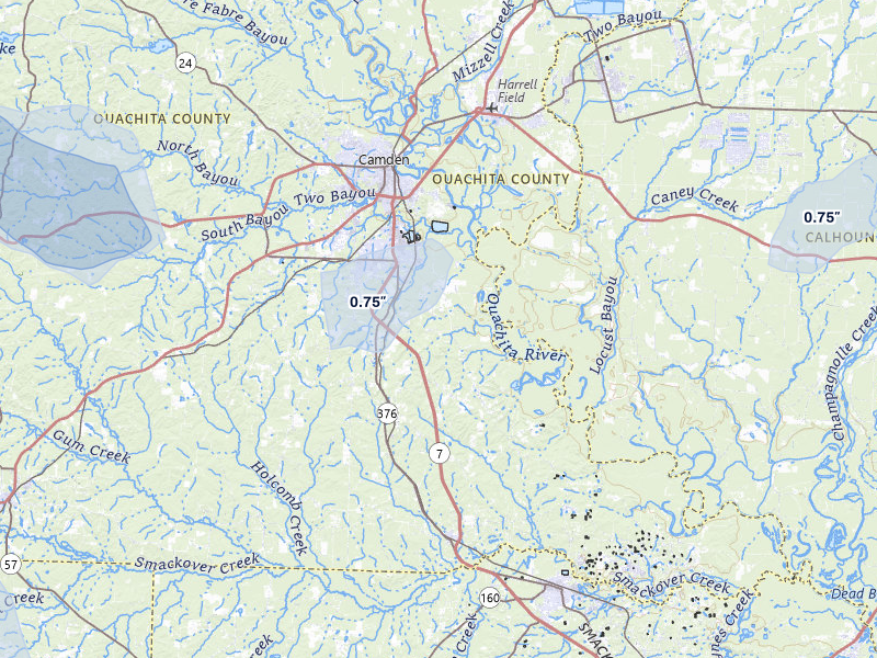 NEXRAD radar-signature map of the hail storm over Camden, AR on Jul 12, 2026