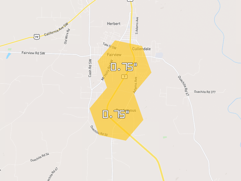 Hail map of Camden, AR on Jul 12, 2026, hail up to 0.75"