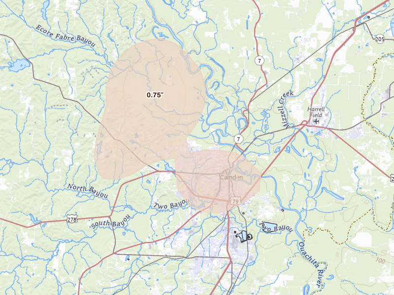 Radar-estimated hail-size map of the storm over Camden, AR on Aug 7, 2026