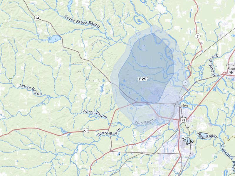 NEXRAD radar-signature map of the hail storm over Camden, AR on Aug 7, 2026