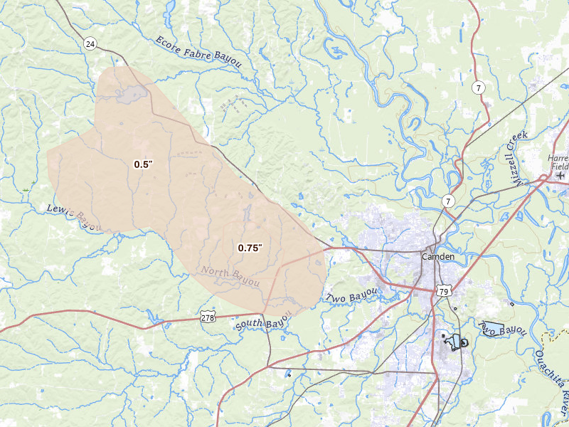 Radar-estimated hail-size map of the storm over Camden, AR on Aug 20, 2026