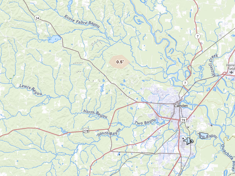Radar-estimated hail-size map of the storm over Camden, AR on Aug 26, 2026