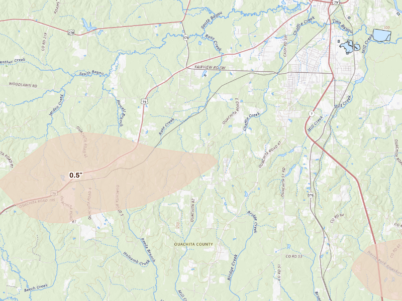 Radar-estimated hail-size map of the storm over Camden, AR