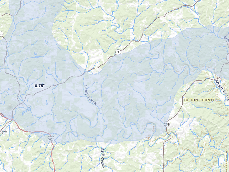 NEXRAD radar-signature map of the hail over Camp, AR