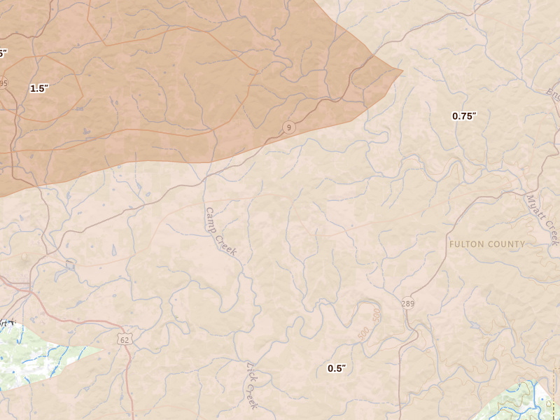 Radar-estimated hail-size map of the storm over Camp, AR on Apr 27, 2026