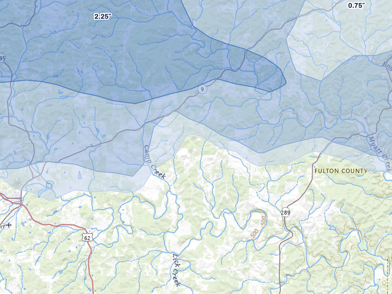 NEXRAD radar-signature map of the hail over Camp, AR