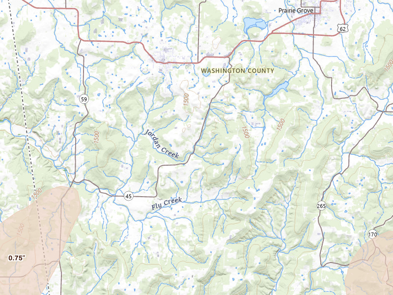 Radar-estimated hail-size map of the storm over Canehill, AR on Mar 6, 2026