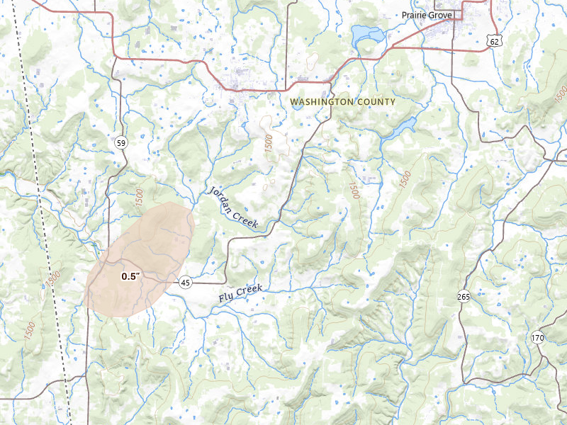 Radar-estimated hail-size map of the storm over Canehill, AR on Jun 1, 2026