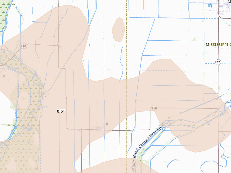 Radar-estimated hail-size map of the storm over Caraway, AR on Apr 27, 2026