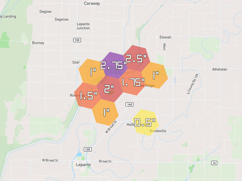 Hail map of Caraway, AR on Jul 11, 2026, hail up to 2.75"