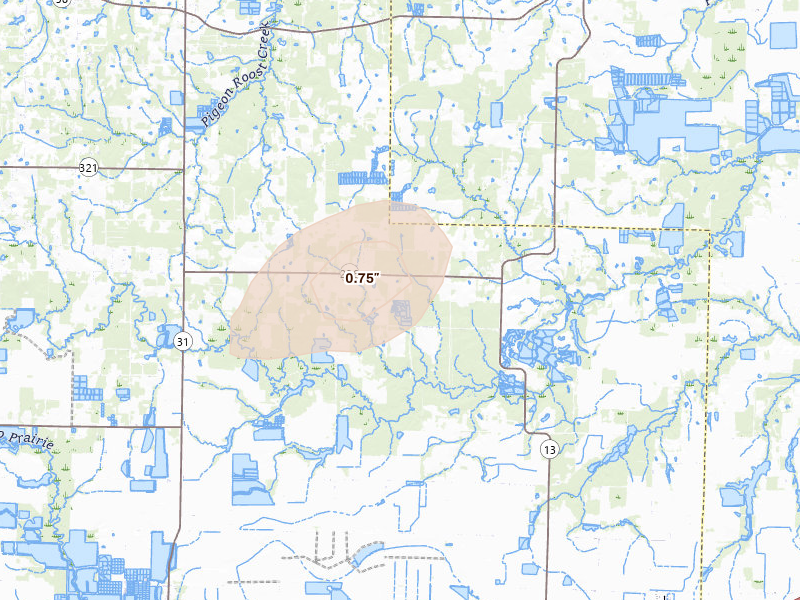 Radar-estimated hail-size map of the storm over Carlisle, AR on Aug 17, 2026