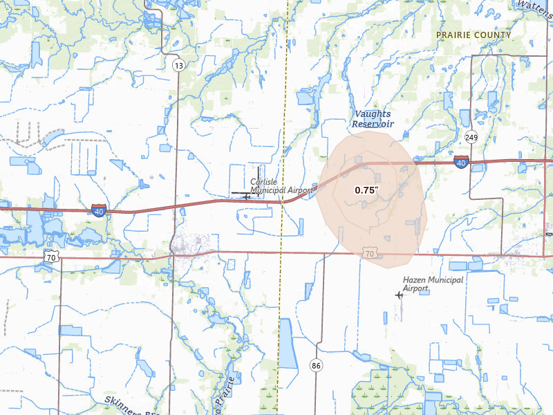 Radar-estimated hail-size map of the storm over Carlisle, AR on Aug 22, 2026