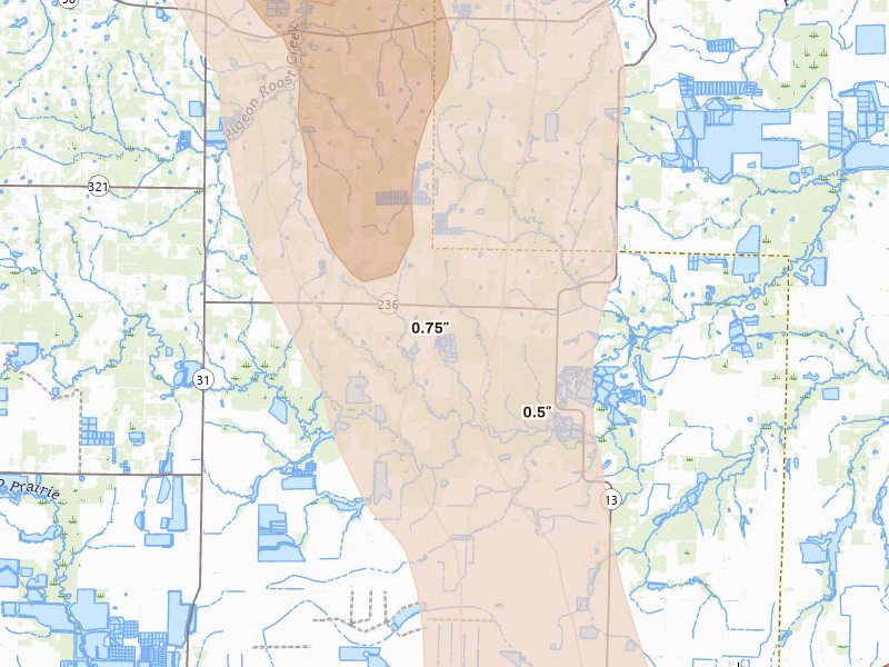 Radar-estimated hail-size map of the storm over Carlisle, AR on Aug 26, 2026