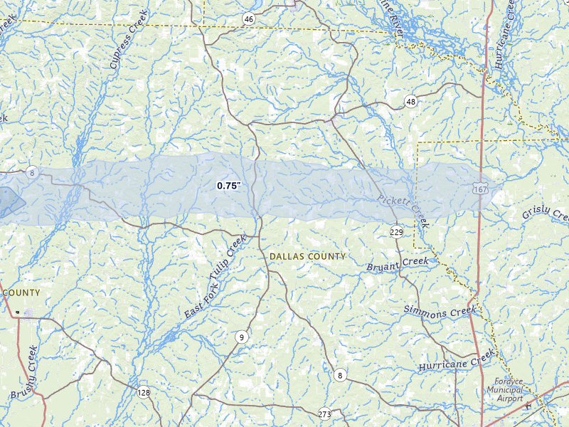 NEXRAD radar-signature map of the hail over Carthage, AR