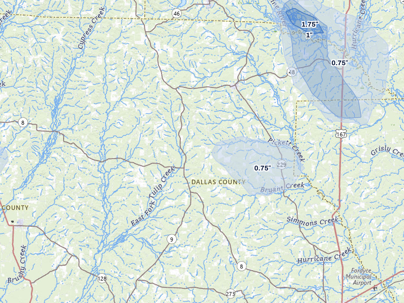 NEXRAD radar-signature map of the hail over Carthage, AR