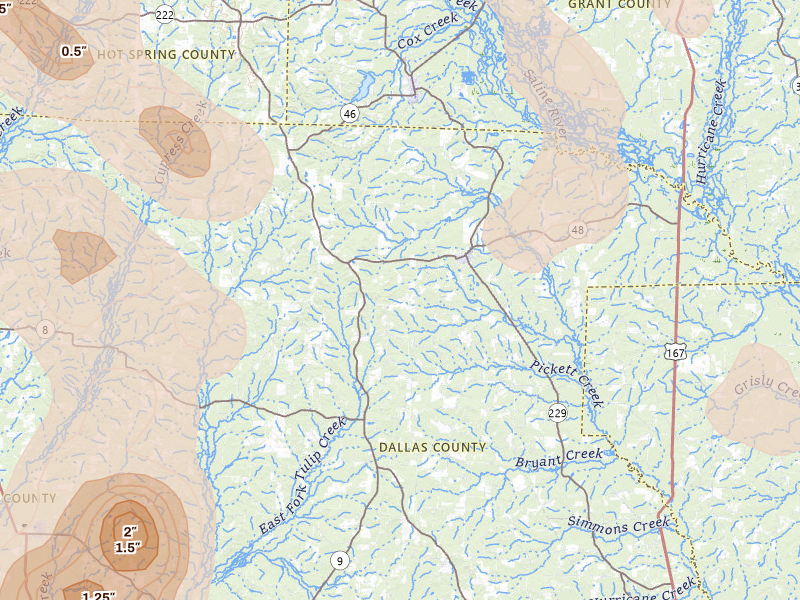 Radar-estimated hail-size map of the storm over Carthage, AR on Aug 20, 2026