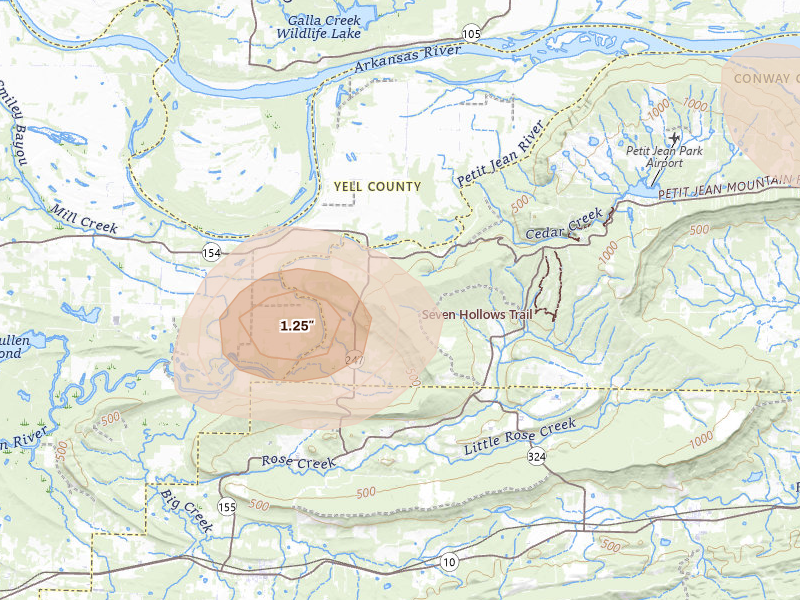 Radar-estimated hail-size map of the storm over Casa, AR on Jul 6, 2026