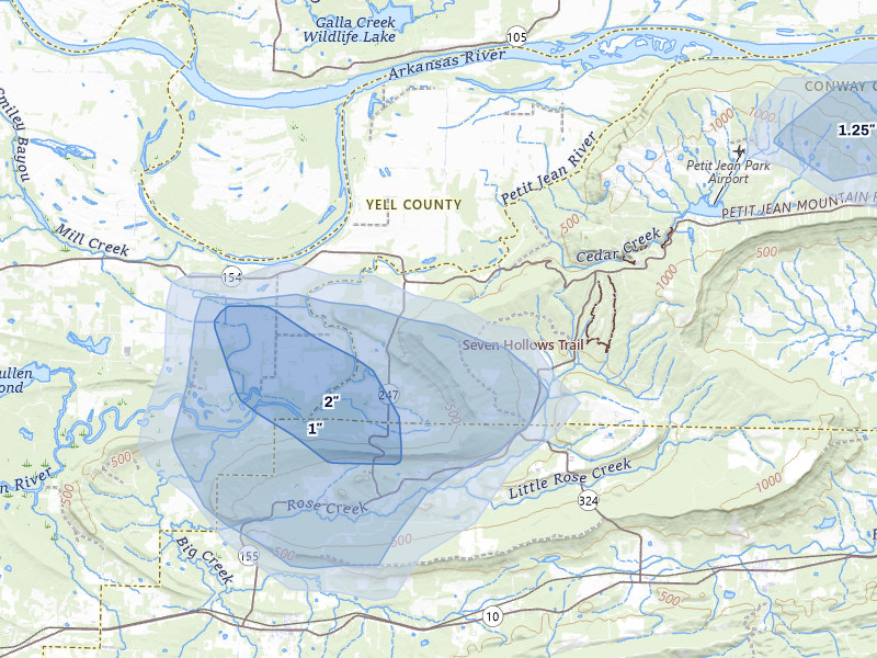 NEXRAD radar-signature map of the hail storm over Casa, AR on Jul 6, 2026
