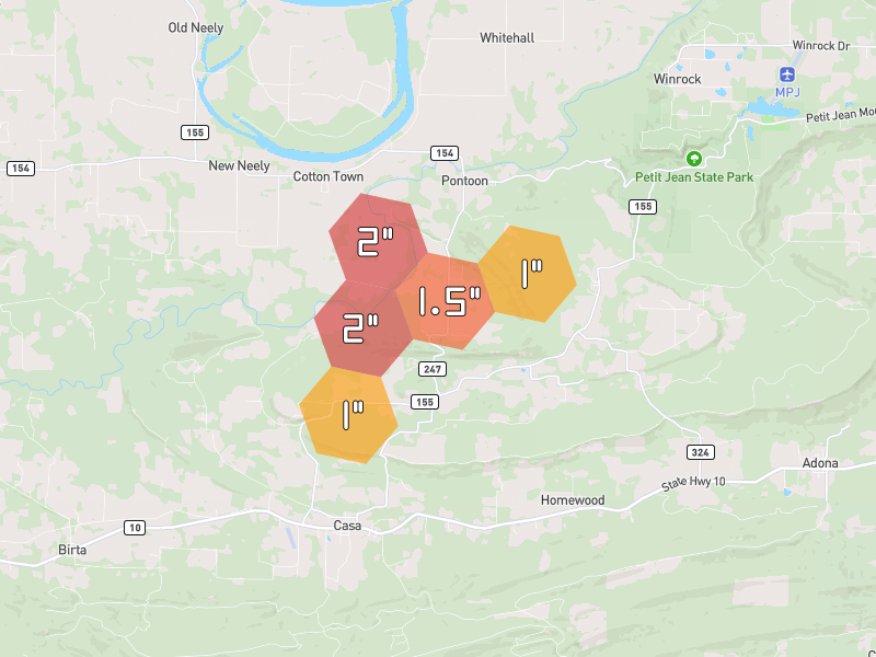 Hail map of Casa, AR on Jul 6, 2026, hail up to 2"