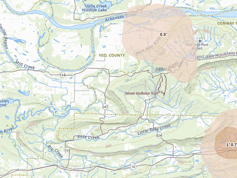Radar-estimated hail-size map of the storm over Casa, AR on Aug 26, 2026