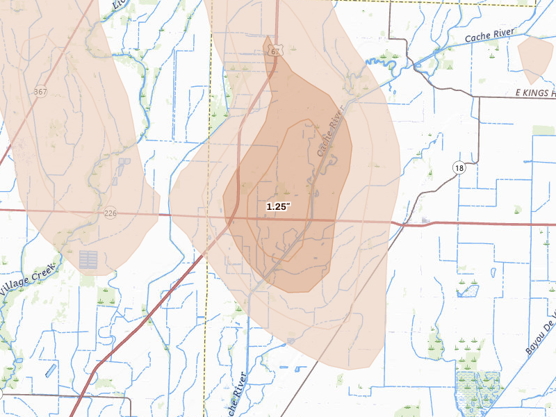 Radar-estimated hail-size map of the storm over Cash, AR on Jun 1, 2026