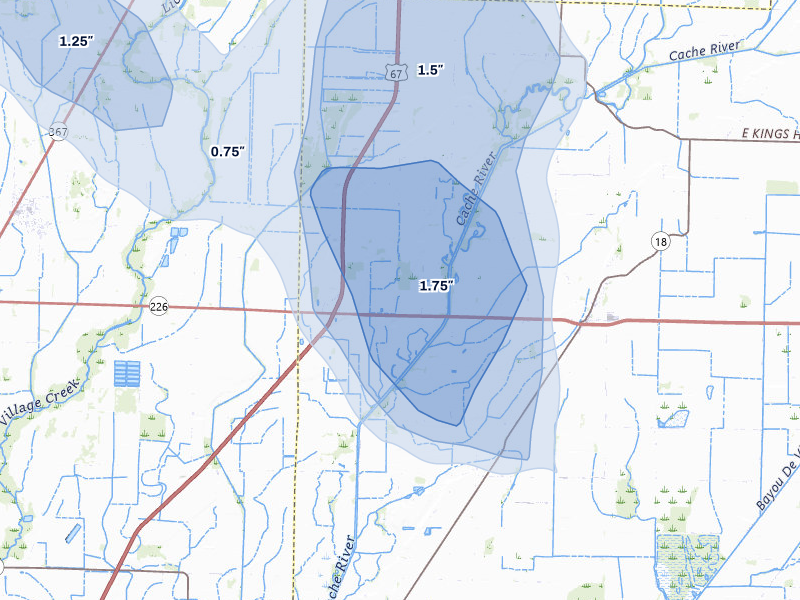 NEXRAD radar-signature map of the hail over Cash, AR
