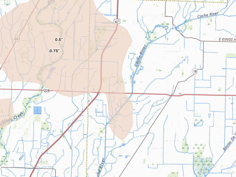 Radar-estimated hail-size map of the storm over Cash, AR on Jul 11, 2026