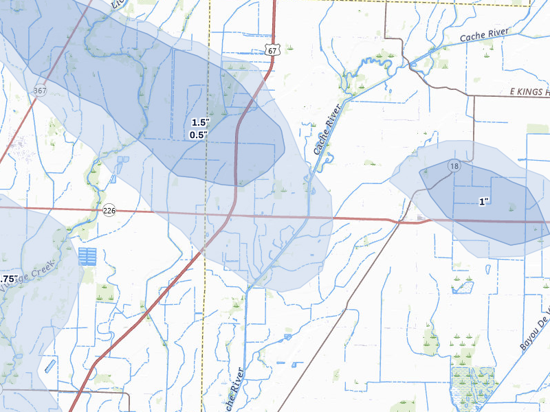 NEXRAD radar-signature map of the hail storm over Cash, AR on Jul 11, 2026