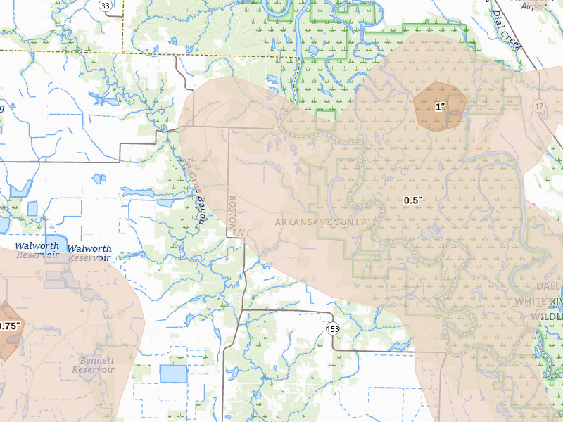 Radar-estimated hail-size map of the storm over Casscoe, AR on Jun 1, 2026