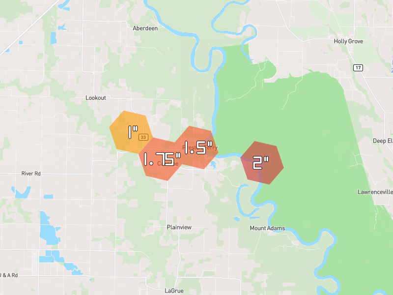 Hail map of Casscoe, AR on Jun 2, 2026, hail up to 2"