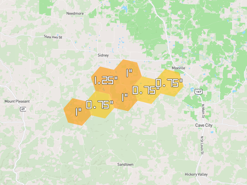Hail map of Cave City, AR on Jul 4, 2026, hail up to 1.25"
