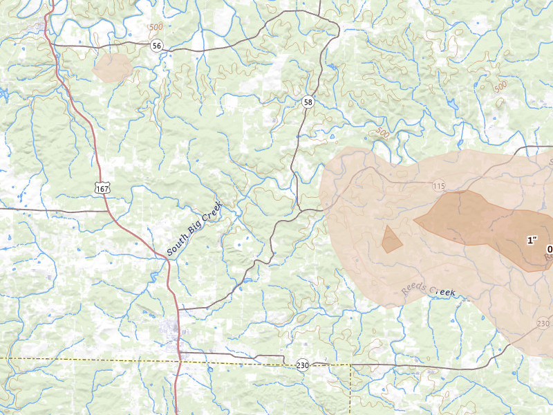 Radar-estimated hail-size map of the storm over Cave City, AR on Jul 11, 2026