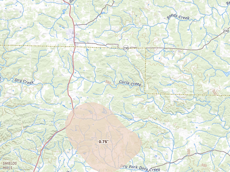 Radar-estimated hail-size map of the storm over Cave City, AR on Aug 22, 2026