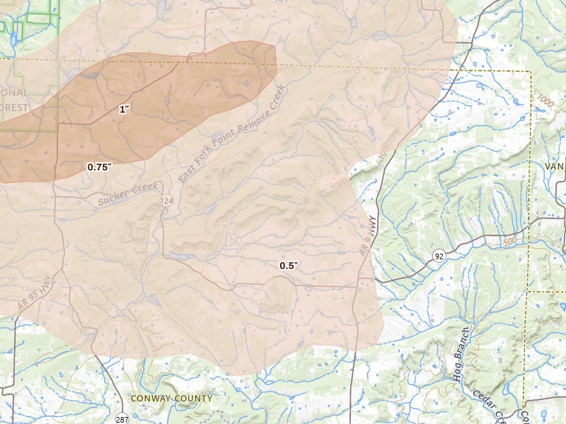 Radar-estimated hail-size map of the storm over Center Ridge, AR on Apr 28, 2026