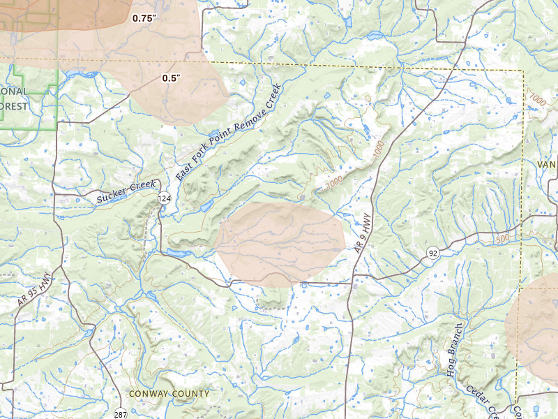 Radar-estimated hail-size map of the storm over Center Ridge, AR on May 10, 2026