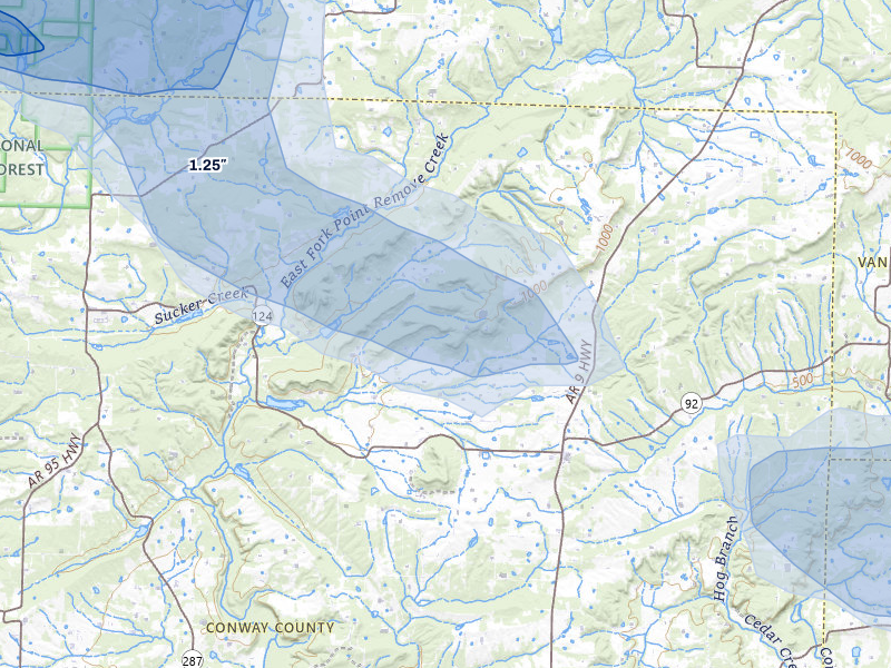 NEXRAD radar-signature map of the hail storm over Center Ridge, AR on May 10, 2026