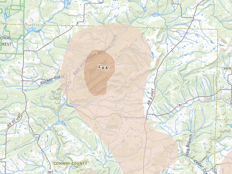 Radar-estimated hail-size map of the storm over Center Ridge, AR on Aug 17, 2026