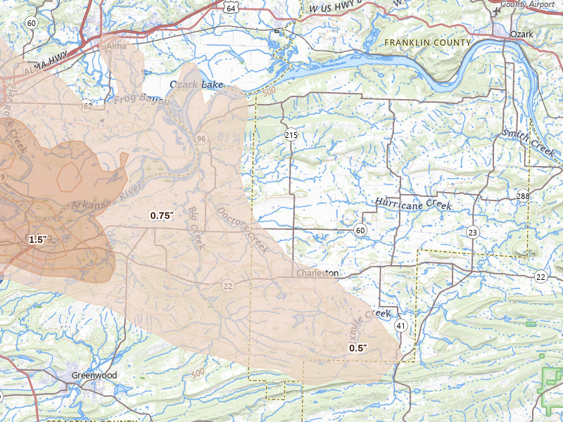 Radar-estimated hail-size map of the storm over Charleston, AR on May 8, 2026