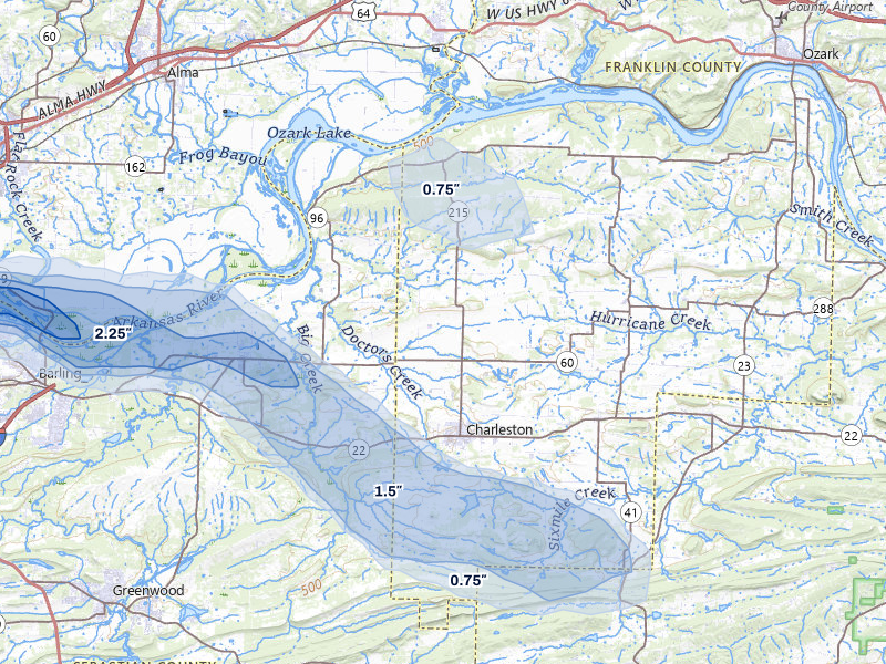 NEXRAD radar-signature map of the hail storm over Charleston, AR on May 8, 2026