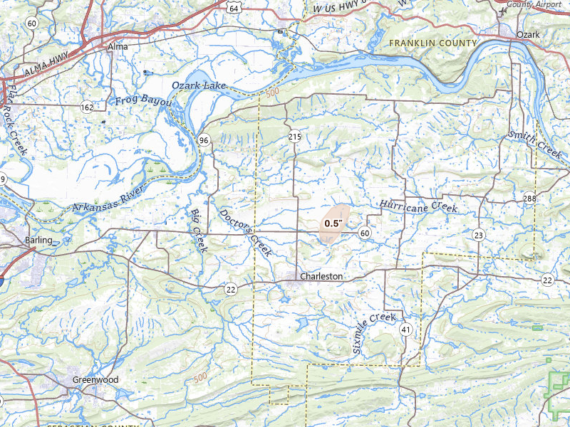 Radar-estimated hail-size map of the storm over Charleston, AR on Jun 6, 2026