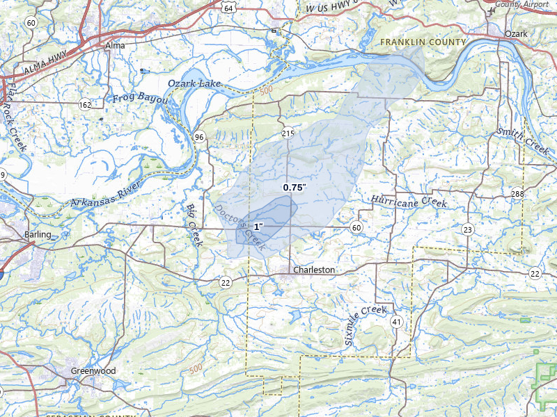 NEXRAD radar-signature map of the hail storm over Charleston, AR on Jun 6, 2026