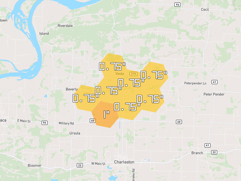Hail map of Charleston, AR on Jun 7, 2026, hail up to 1"