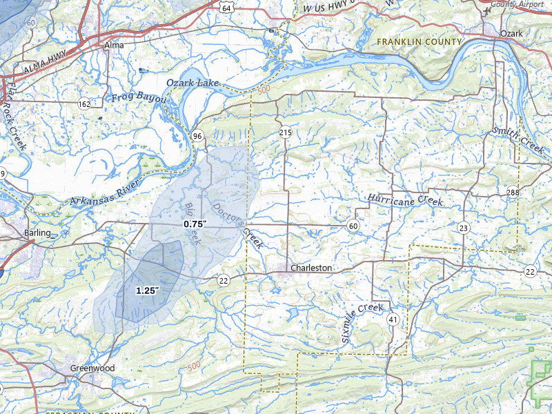 NEXRAD radar-signature map of the hail storm over Charleston, AR on Jul 6, 2026