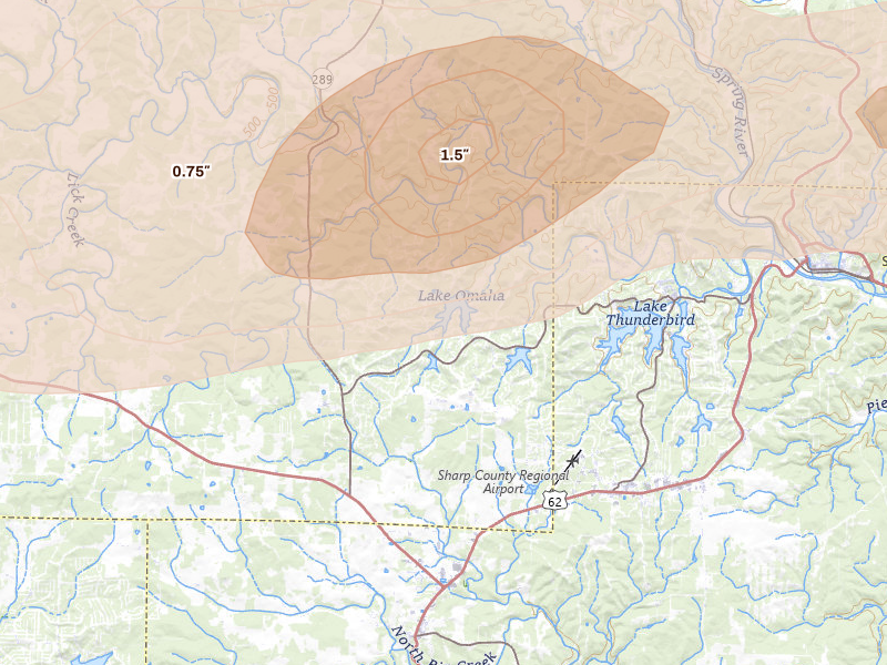 Radar-estimated hail-size map of the storm over Cherokee Village, AR on Mar 4, 2026