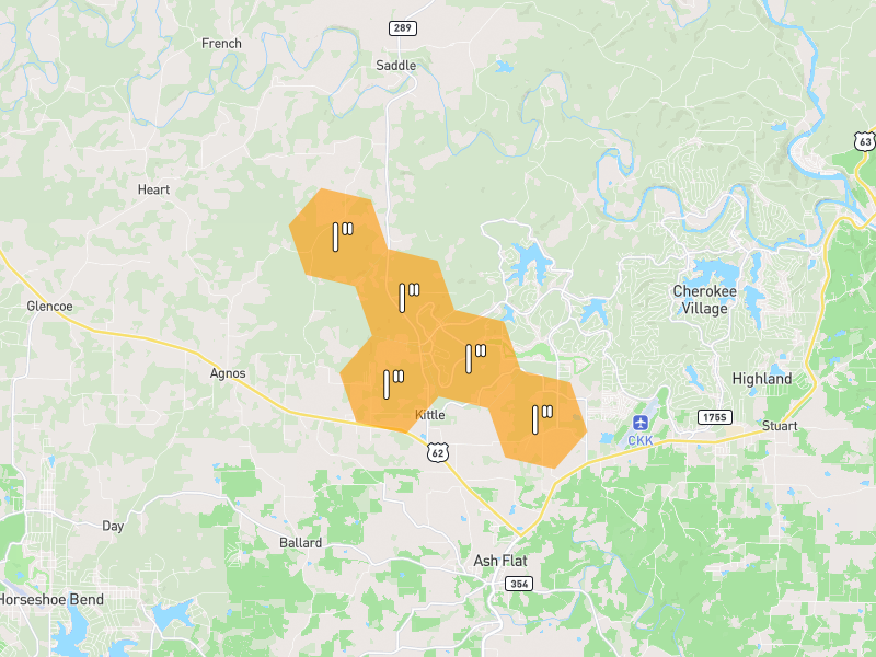 Hail map of Cherokee Village, AR on Jun 1, 2026, hail up to 1"